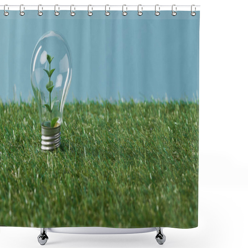 Personality   Light Bulb With Plant On Green Grass And Blue Background Shower Curtains