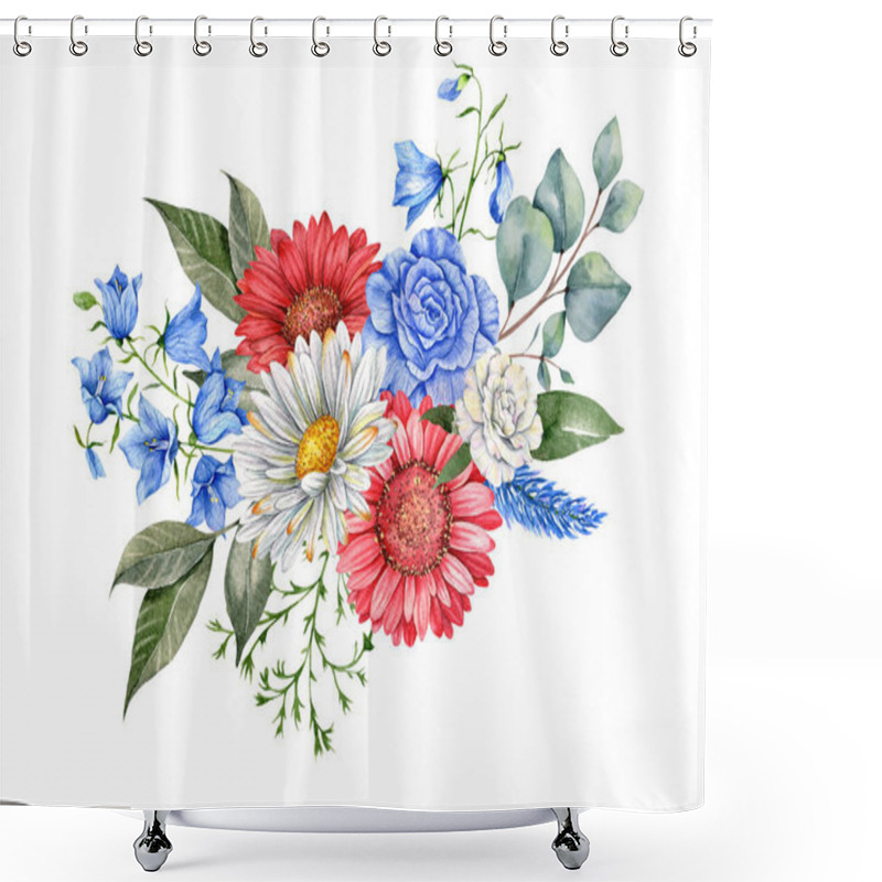 Personality  4th Of July Patriotic Concept. Independence Day Design Element. Hand Painted Watercolor Floral Arrabgement . Botaical Illustration Shower Curtains