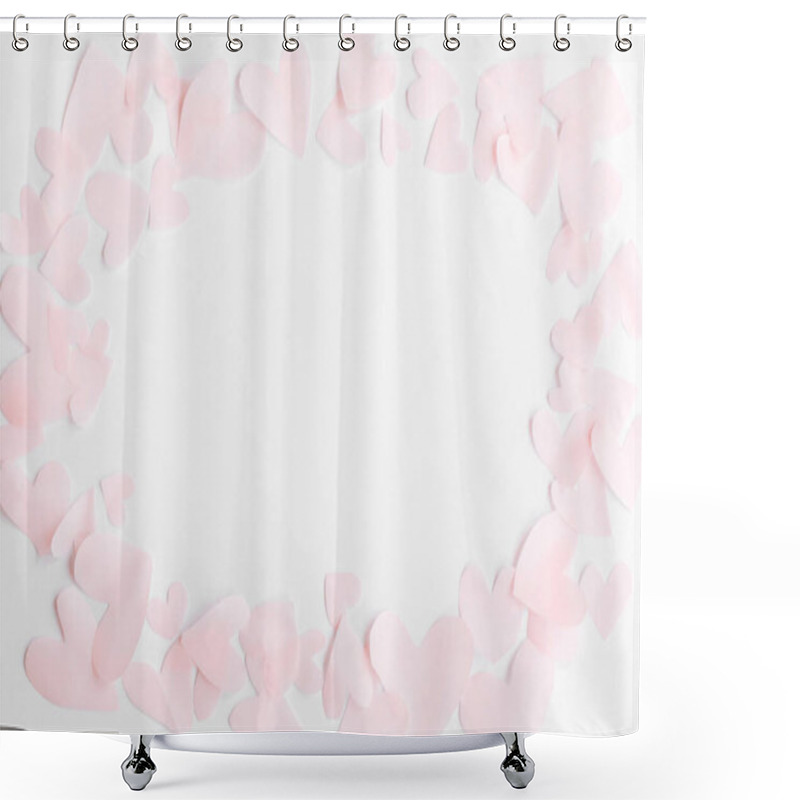 Personality  Happy Valentines Day. Cute Pink Pastel Hearts Frame On White Pap Shower Curtains