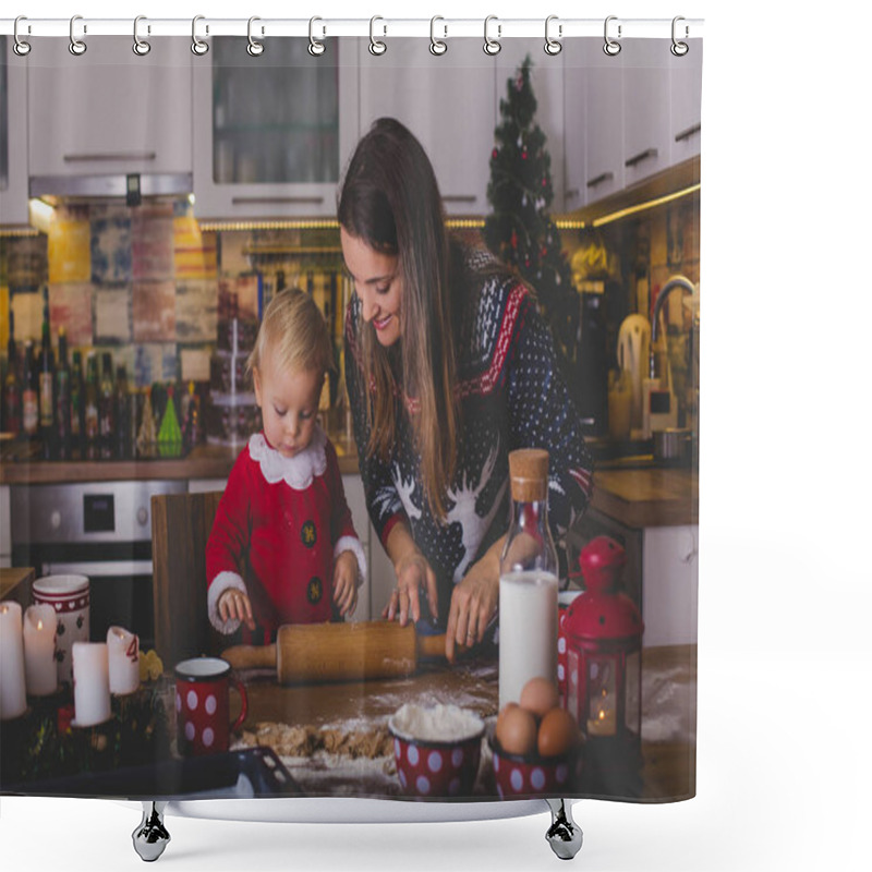 Personality  Sweet Toddler Child, Boy, Helping Mommy Preparing Christmas Cookies At Home In Kitchen Shower Curtains