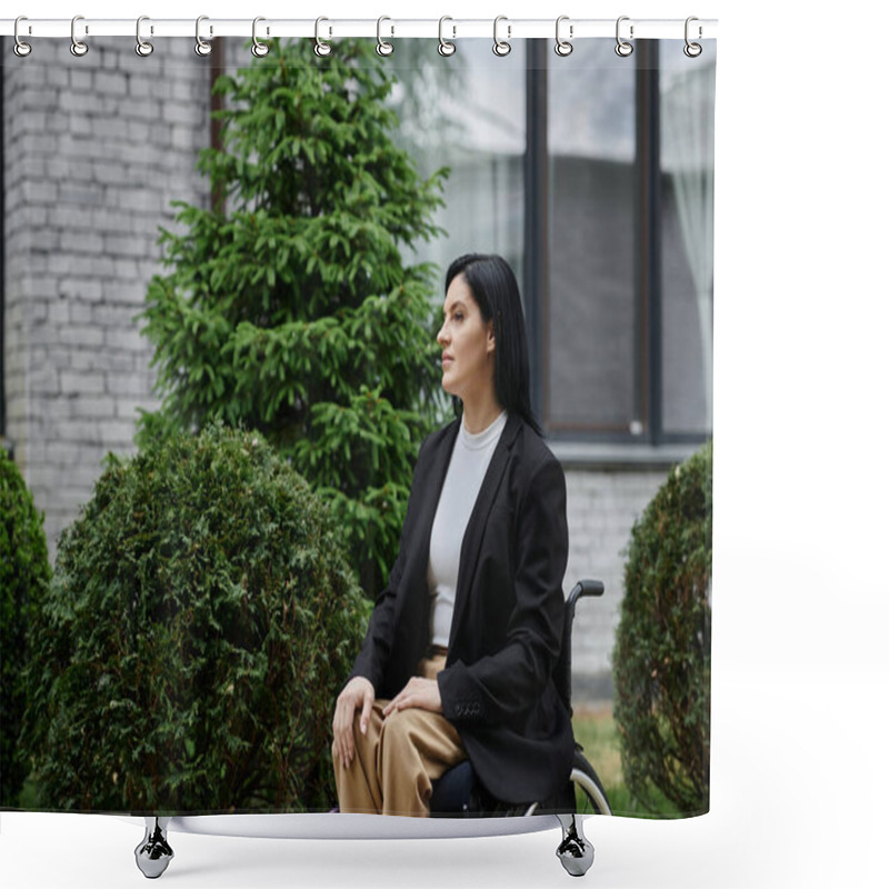 Personality  A Woman In A Wheelchair Sits Thoughtfully In A Garden. Shower Curtains