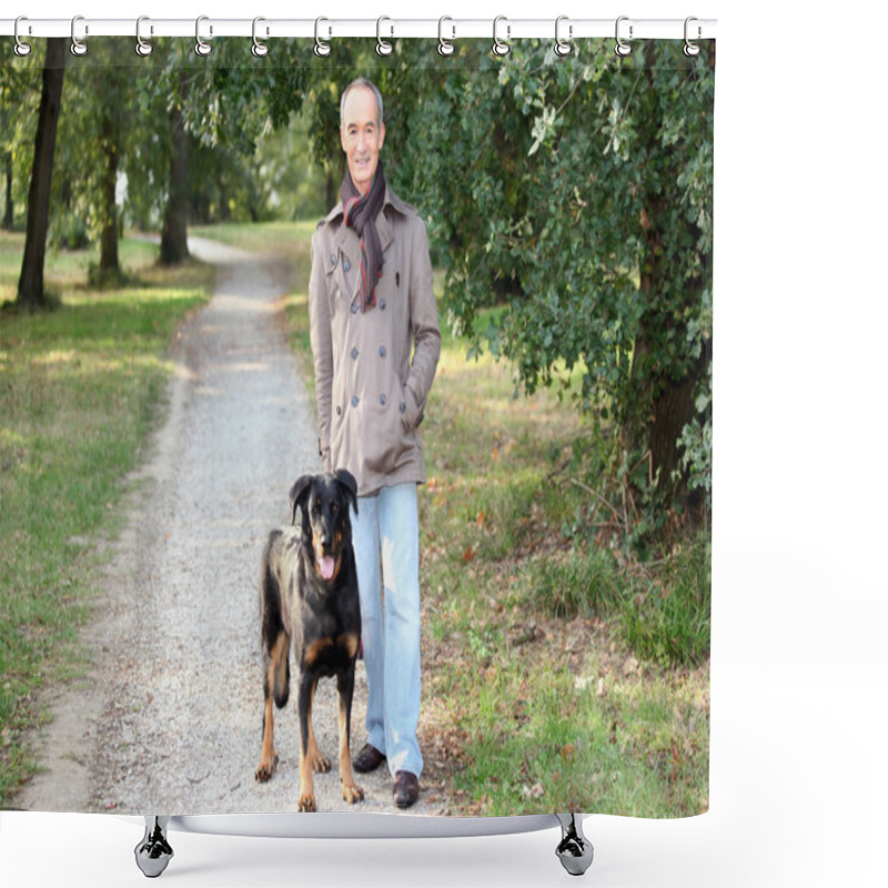 Personality  Senior Man Walking His Dog In The Woods Shower Curtains