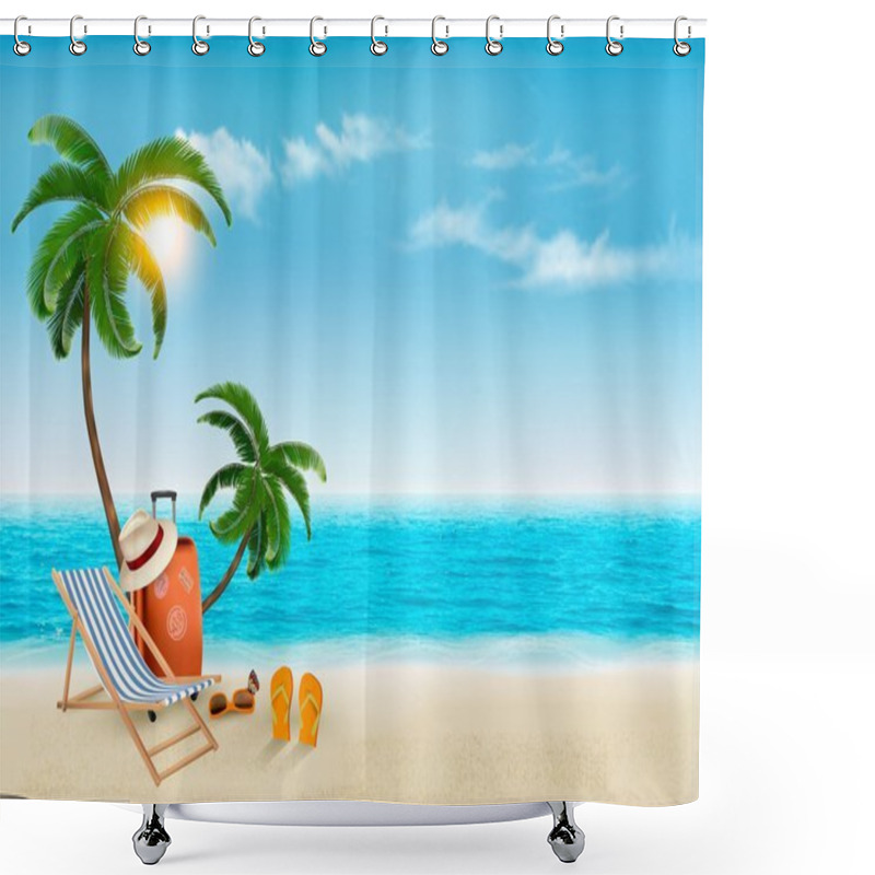 Personality  Tropical Seaside With Palms, A Beach Chair And A Suitcase. Vacat Shower Curtains