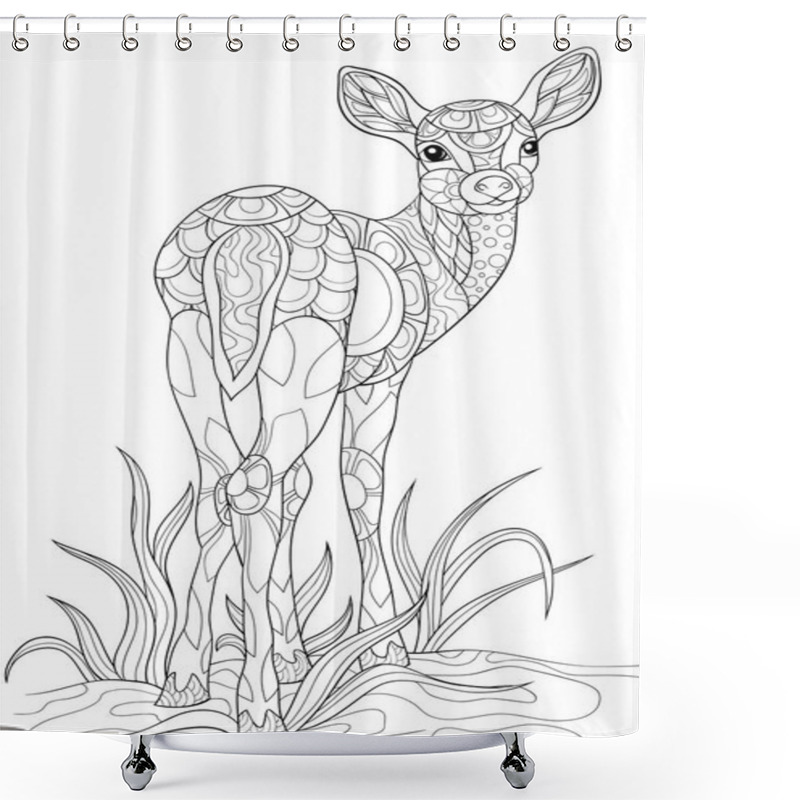 Personality  A Cute Deer With Ornaments On The Background  Image For Relaxing.A Coloring Book,page For Adults.Zen Art Style Illustration For Print.Poster Design. Shower Curtains