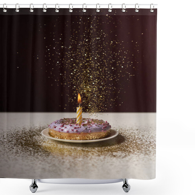 Personality  Burning Candle In Middle Of Doughnut With Falling Sparkles On White Table Isolated On Black Shower Curtains