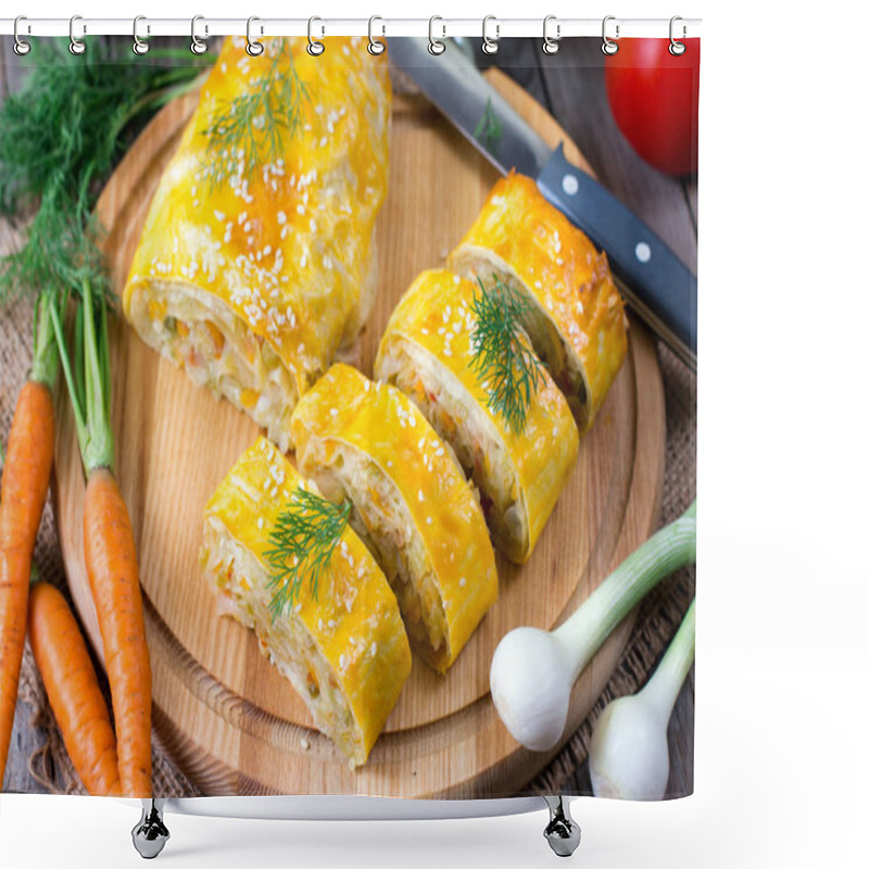 Personality  Strudel With Cabbage And Onions On A Wooden Board Shower Curtains