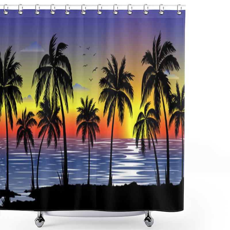 Personality  Exotic Tropical  Landscape With  Palms. Palm Trees At Sunset Or Moonlight. Seascape. Natural Banner. Tourism And Travelling. Modern, Vector Flat Design Shower Curtains