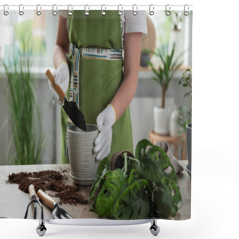 Personality  Woman Filling Flowerpot With Soil At Table Indoors, Closeup. Houseplant Care Shower Curtains