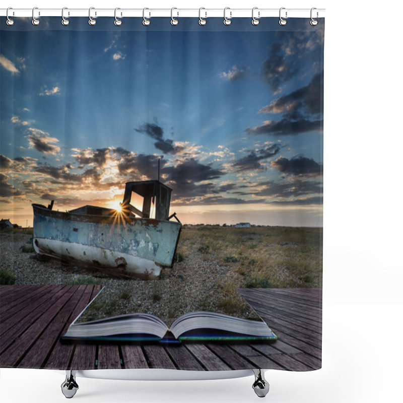 Personality  Abandoned Fishing Boat On Beach Landscape At Sunset Conceptual B Shower Curtains