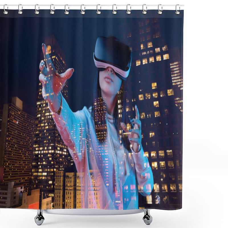 Personality  Double Exposure Of Brunette Girl Gesturing While Wearing Virtual Reality Headset And Modern City With Skyscrapers In Nighttime  Shower Curtains