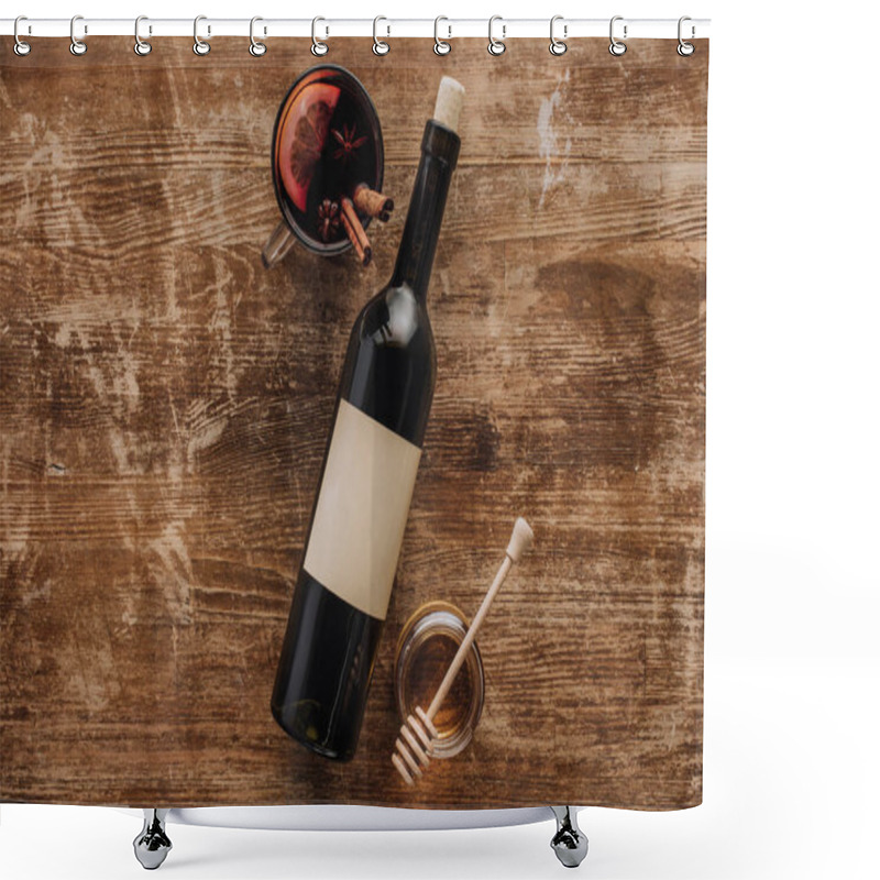 Personality  Top View Of Mulled Wine In Cup, Wine Bottle And Honey On Wooden Table Shower Curtains