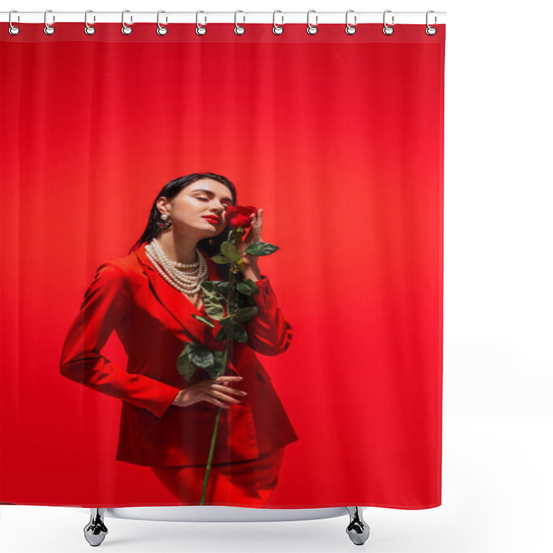 Personality  Stylish Young Woman In Pearl Necklace Holding Rose Near Face Isolated On Red  Shower Curtains