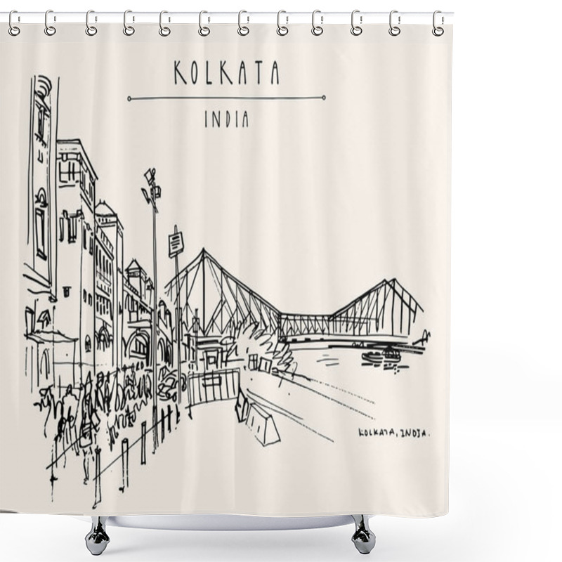 Personality  Kolkata, India. The British-era Howrah Junction Railway Station And Howrah Bridge Across Hooghly (Hugli, Hoogli) River. Heritage Colonial Architecture. Famous Historical Landmarks. Vector Hand Drawn Travel Postcard Shower Curtains