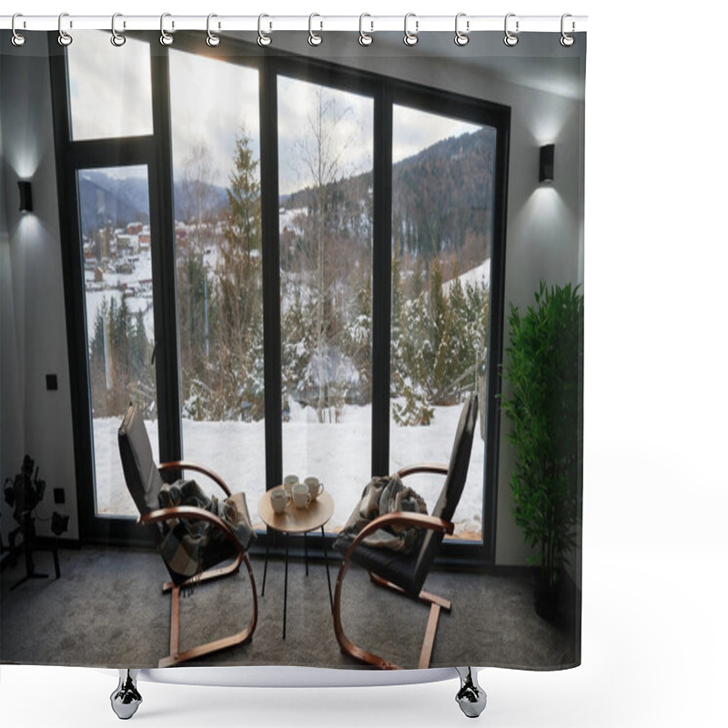 Personality  Cozy Room With Small Coffee Table And Armchairs In Front Of Large Panoramic Window. Front View Of Two Wooden Chairs And Table Against Wide Window With Snowy Mountain Landscape. Concept Of Holidays. Shower Curtains