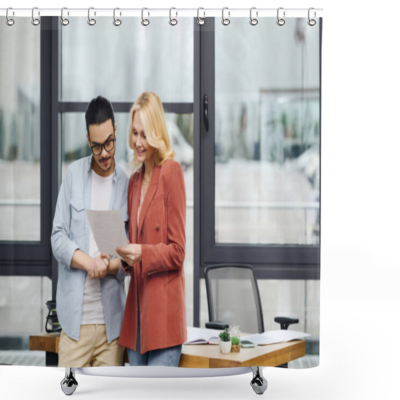 Personality  A Man And Woman Analyzing A Document In An Office. Shower Curtains