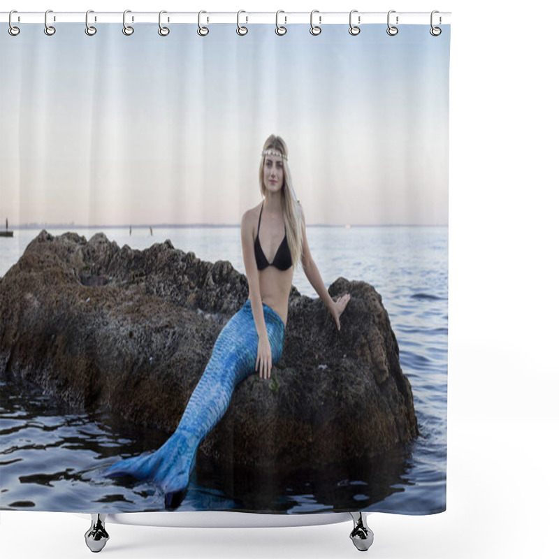 Personality  The Real Mermaid Is Reasting On The Sea Shore. Blue Tail. The Body Is Coverd With Scales. Creative Shower Curtains