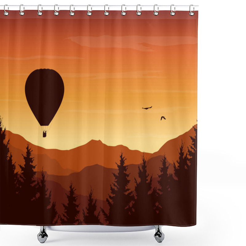 Personality  Vector Illustration Of Mountain Landscape With Forest, Flying Hot Air Balloon And Birds Of Prey Under An Orange Sky With Rising Sun Shower Curtains