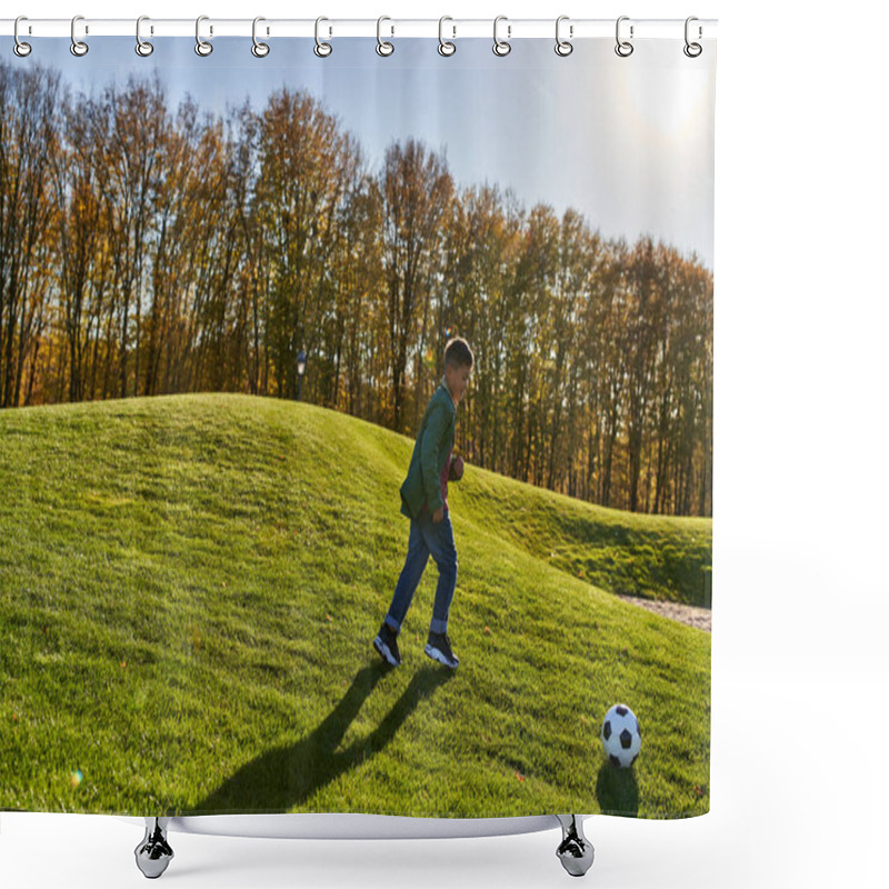 Personality  Happy African American Boy In Autumnal Clothes Running On Green Grass, Playing Football, Soccer Ball Shower Curtains