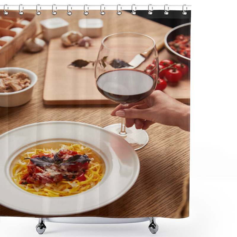 Personality  Cropped Shot Of Woman With Plate Of Pasta And Glass Of Red Wine Shower Curtains