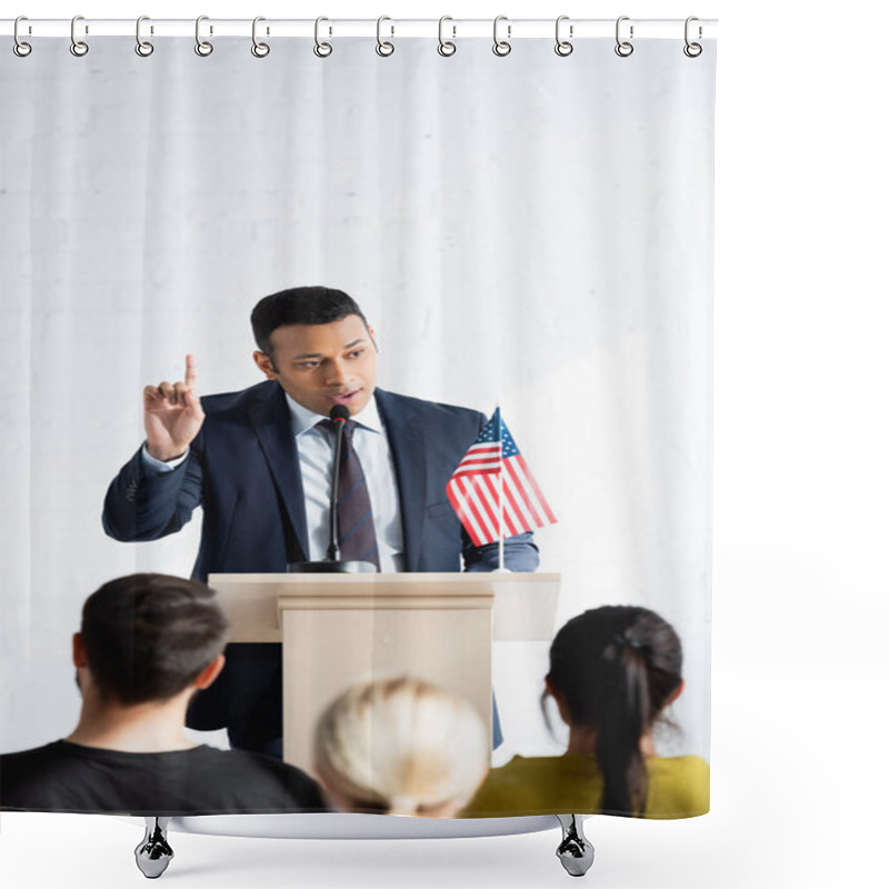 Personality  Indian Political Agitator Showing Attention Gesture While Talking To Electors In Conference Hall, Blurred Foreground Shower Curtains