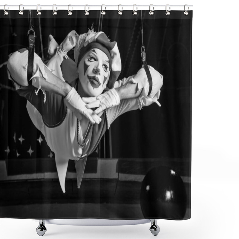 Personality  Circus Air Acrobat Pose On Ropes. Fine Art Black-white Photo. Shower Curtains