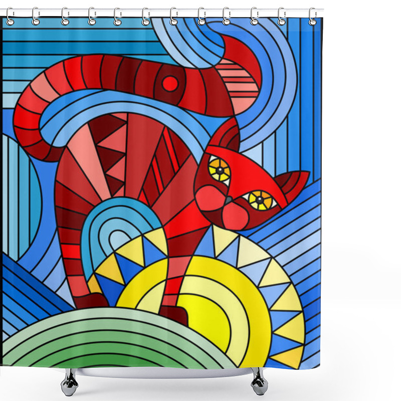 Personality  Illustration In Stained Glass Style With Abstract Red Geometric Cat  On A Blue Background Shower Curtains