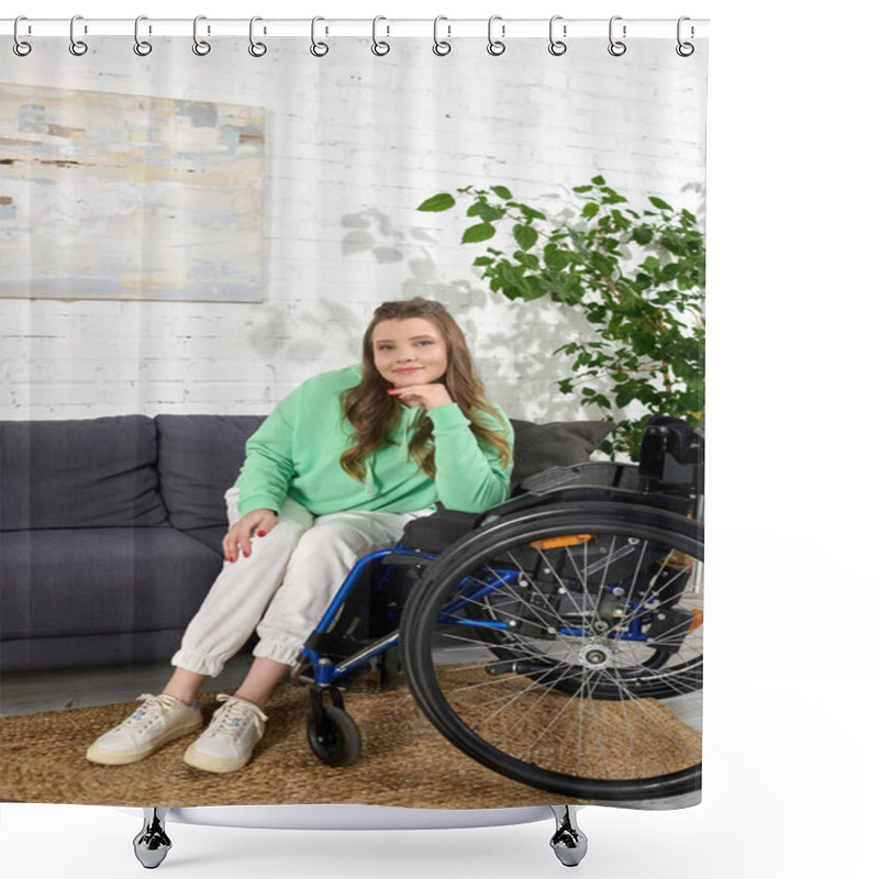 Personality  A Young Woman With A Disability Sits In Her Wheelchair In Her Living Room, Looking Relaxed And At Ease. Shower Curtains