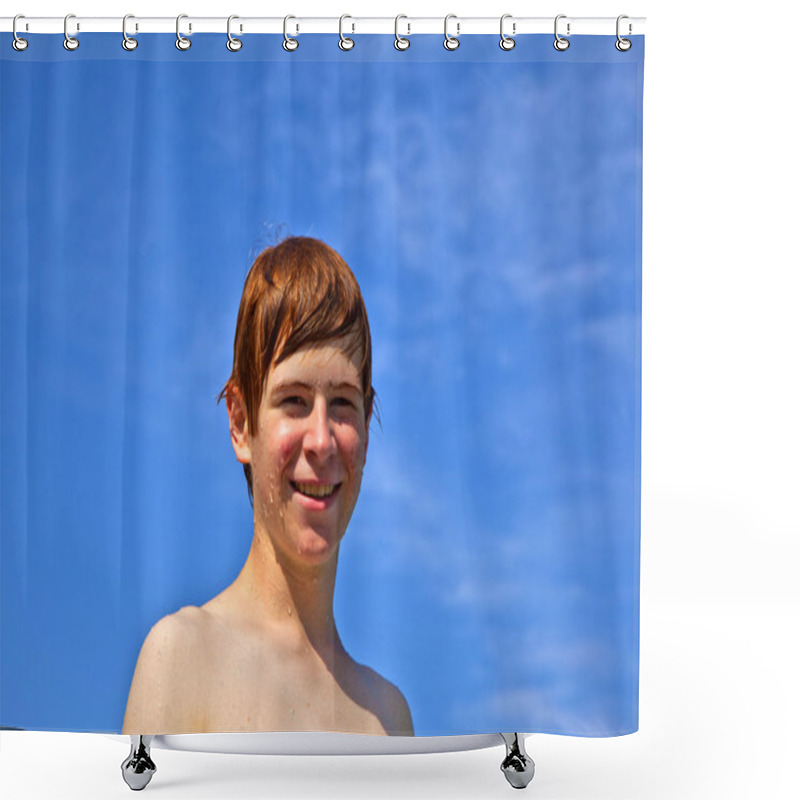 Personality  Boy With Wet Face With Blue Sky Shower Curtains