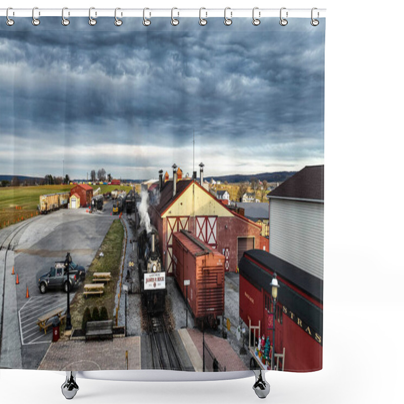 Personality  Ronks, Pennsylvania, USA, December 31, 2024 - A Steam Engine Releases A Plume Of Smoke As It Prepares For Arrival At An Old Railroad Station. Celebrating James Rice Retirement After 51 Years. Shower Curtains