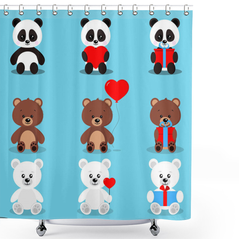 Personality  Set Of Isolated Cute Holiday Bears In Sitting Pose With Gifts And Hearts Brown Bear, Polar Bear, Panda On Blue Background In Cartoon Flat Style. Vector Clip Art Illustration. Shower Curtains