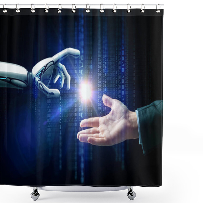 Personality  Robot And Human Hand Flash Light And Binary Code Shower Curtains