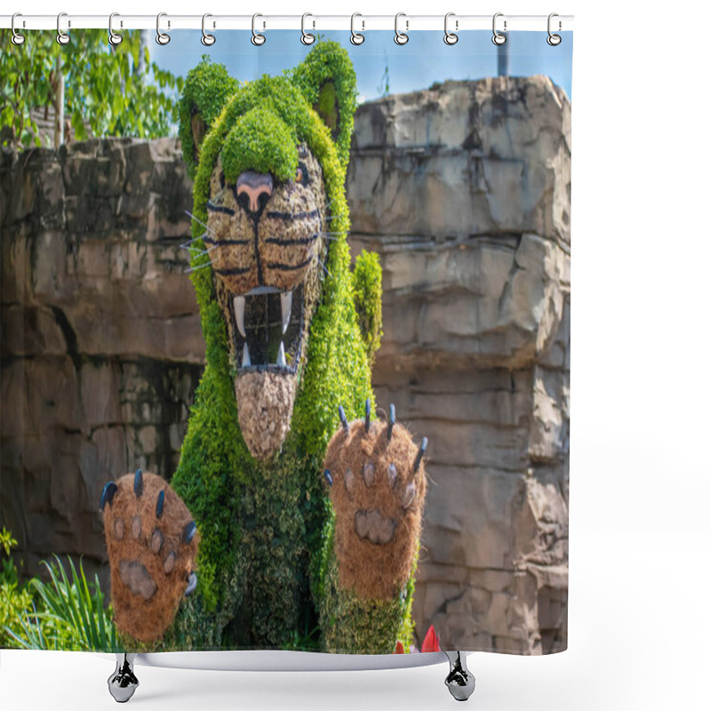 Personality  Tampa Bay, Florida. August 08. 2019 Beautiful Topiarie Tiger On Stone Background Shower Curtains