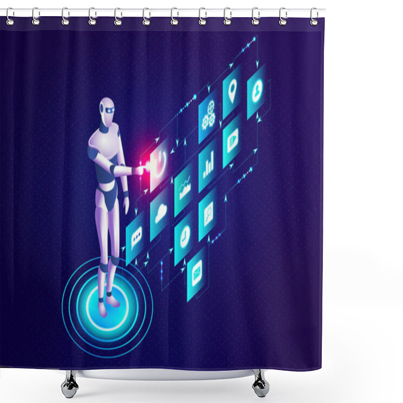 Personality  Robotic Process Automation - RPA - Business Process Automation - Concept With Humanoid Robot Directing Business Processes - 3D Isometric Illustration Shower Curtains