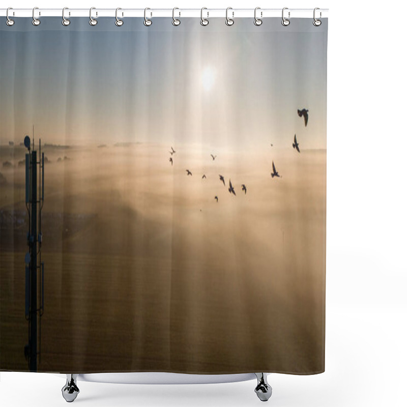 Personality  Birds Flying Through Misty Sunrise With 5G Tower In Rural Landscape. Shower Curtains