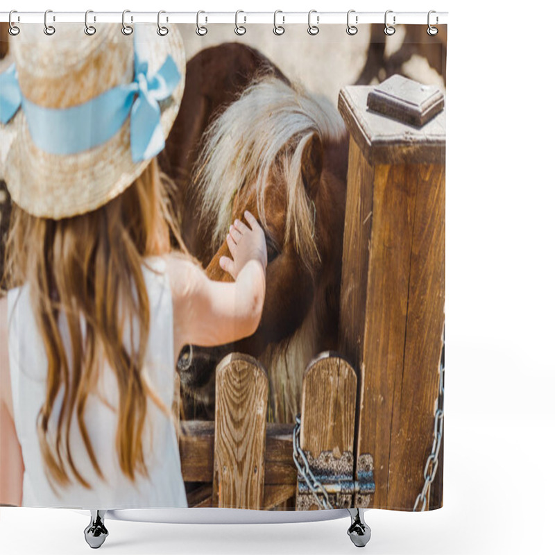 Personality  Back View Of Kid In Straw Hat Touching Pony While Standing In Zoo  Shower Curtains