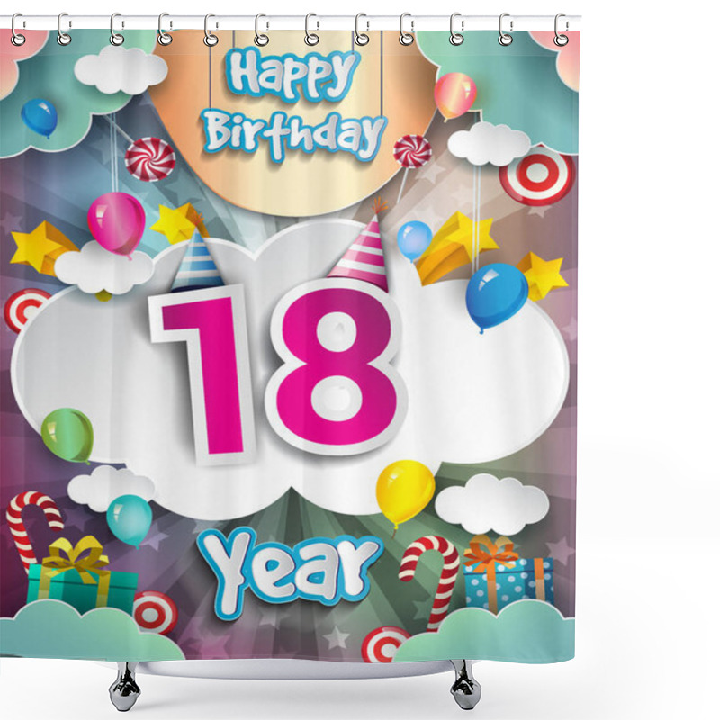 Personality  18  Years Birthday Design For Greeting Cards And Poster, With  Gift Boxes, Balloons. Design Template For Anniversary Celebration Shower Curtains