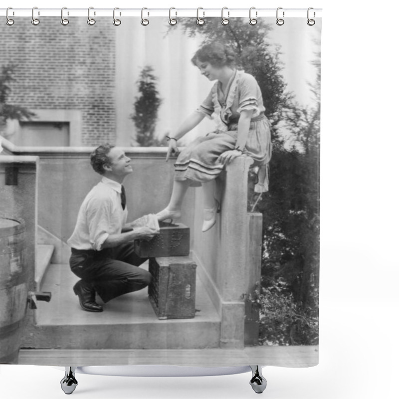 Personality  Woman Sitting On A Ledge Having Her Shoes Cleaned By A Man Shower Curtains