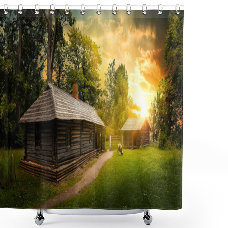 Personality  Panorama Old Houses At The Edge Of The Forest, Early In The Morning. Shower Curtains