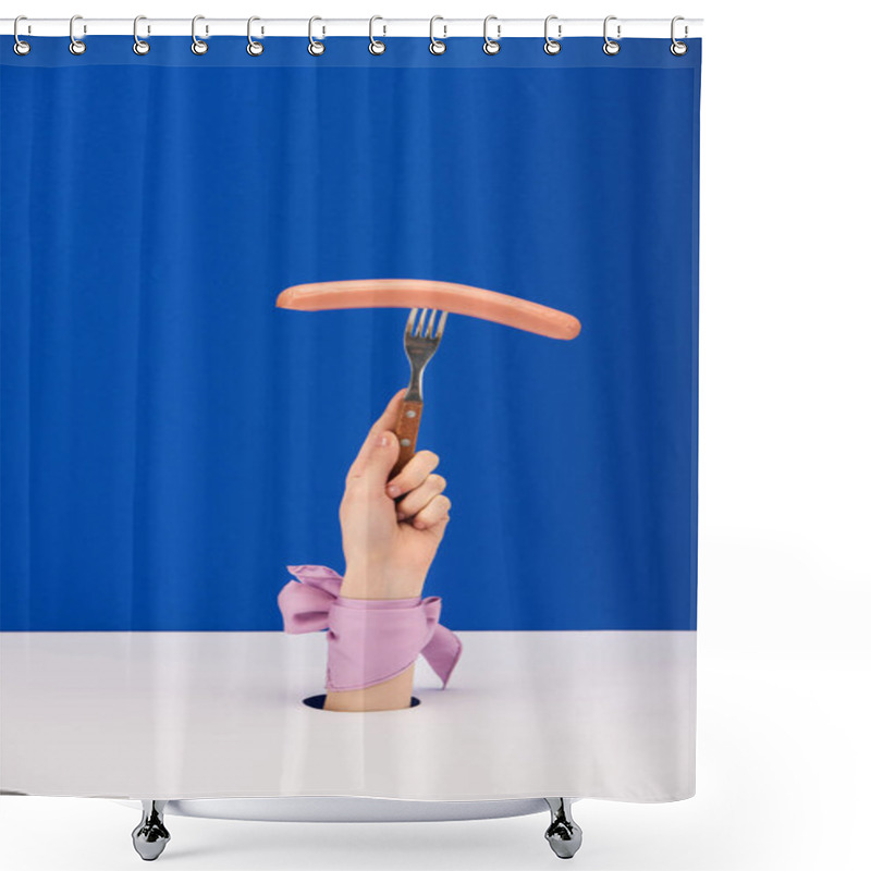 Personality  Cropped View Of Woman With Ribbon On Hand Holding Fork With Sausage Isolated On Blue Shower Curtains