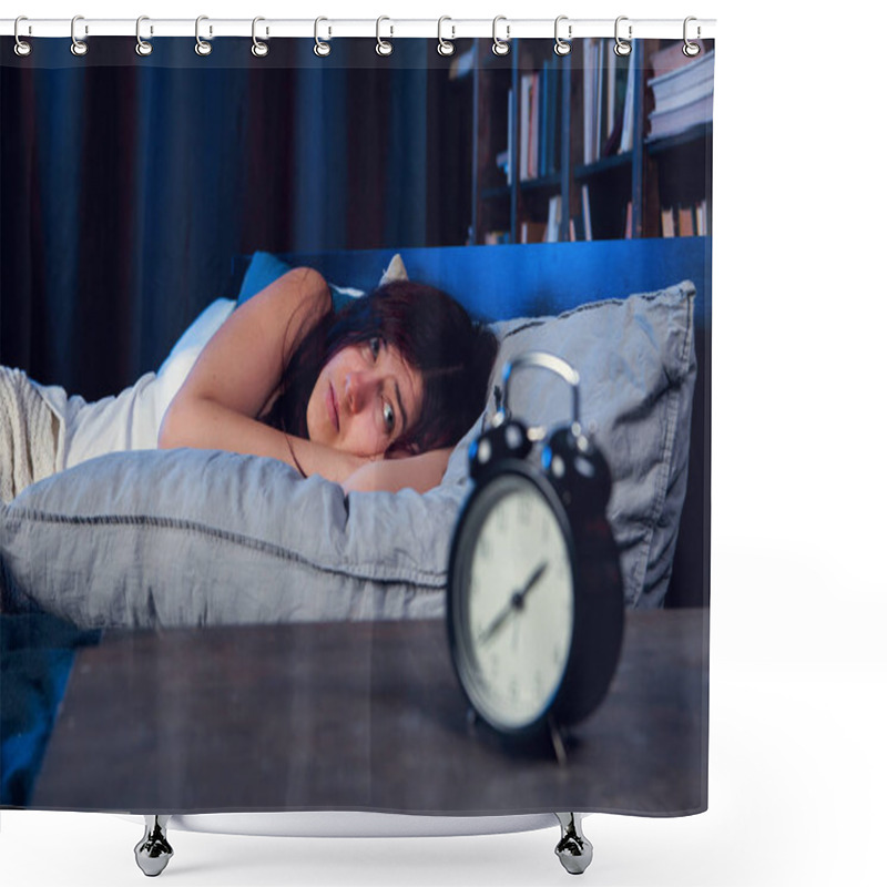 Personality  Portrait Of Dissatisfied Woman With Insomnia Lying On Bed Next To Alarm Clock At Night Shower Curtains