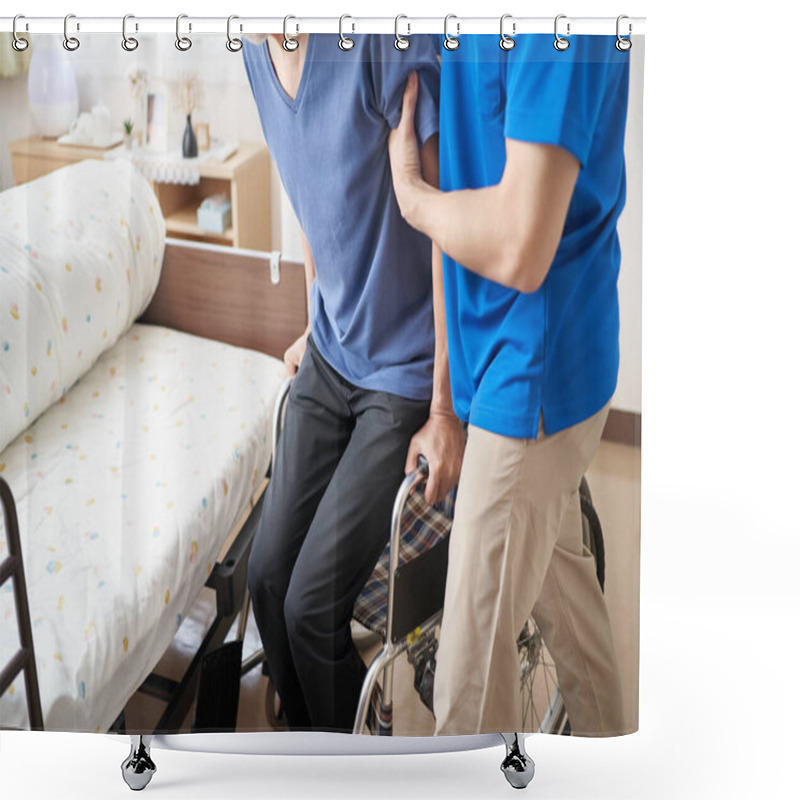 Personality  Caregiver Assisting The Elderly In A Wheelchair Shower Curtains