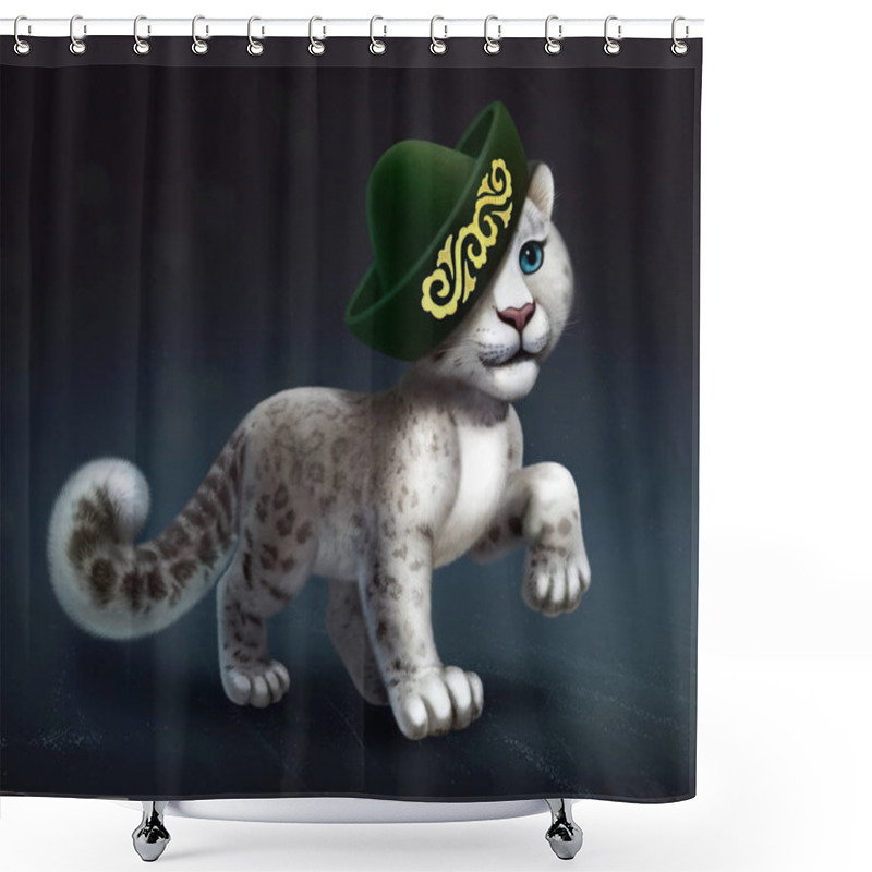 Personality  Digital Illustration Of Snow Leopard With Kazakh National Hat With Oriental Golden Ornament, Symbol Of Kazakhstan Shower Curtains