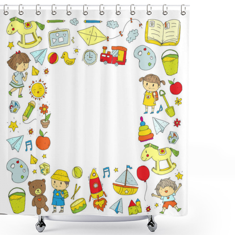 Personality  Kindergarten Nursery Preschool School Education With Children Doodle Pattern Kids Play And Study Boys And Girls Kids Drawing Icons Space, Adventure, Exploration, Imagination Concept Shower Curtains