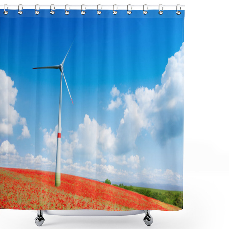 Personality  Wind Turbine In Poppy Flowers Field Shower Curtains