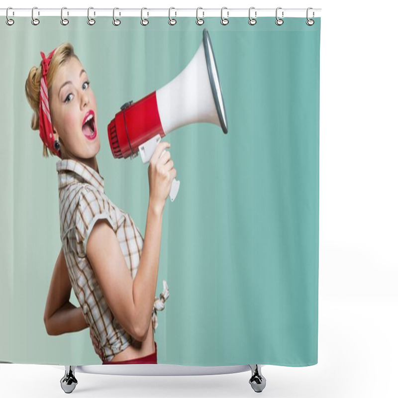 Personality  Retro Style Woman Holding Megaphone Shower Curtains