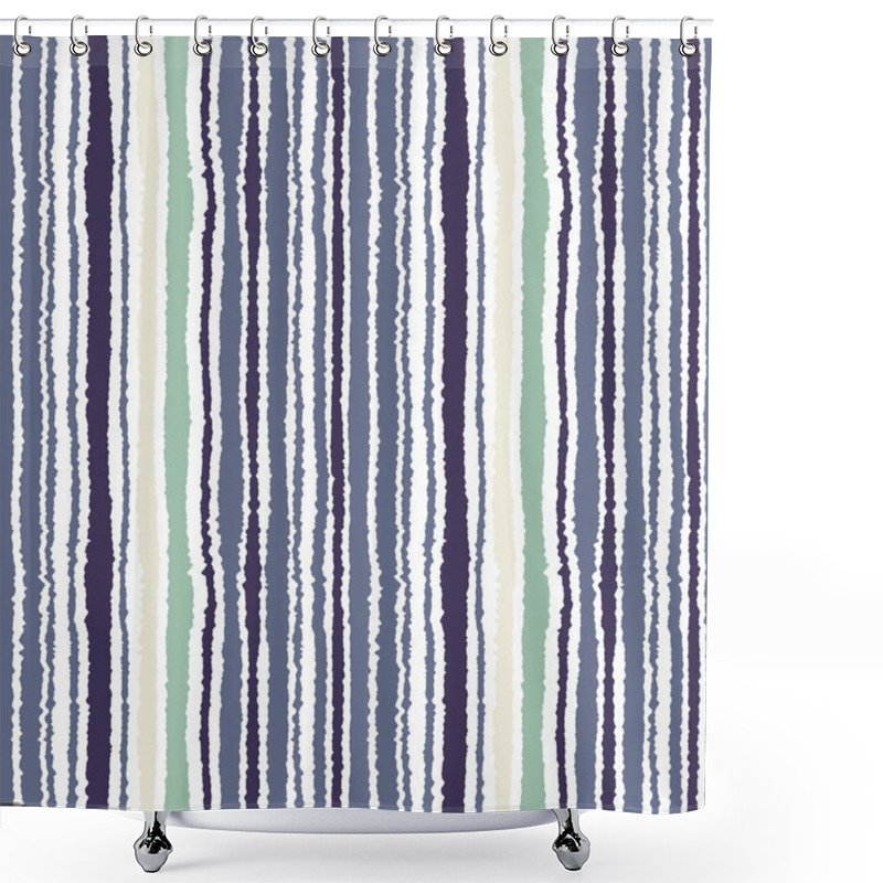 Personality  Seamless Strip Pattern. Vertical Lines With Torn Paper Effect. Shred Edge Texture. Soft, Cold, Contrast, Gray, Blue, Yellow Colors On White Background. Winter Theme. Vector Shower Curtains