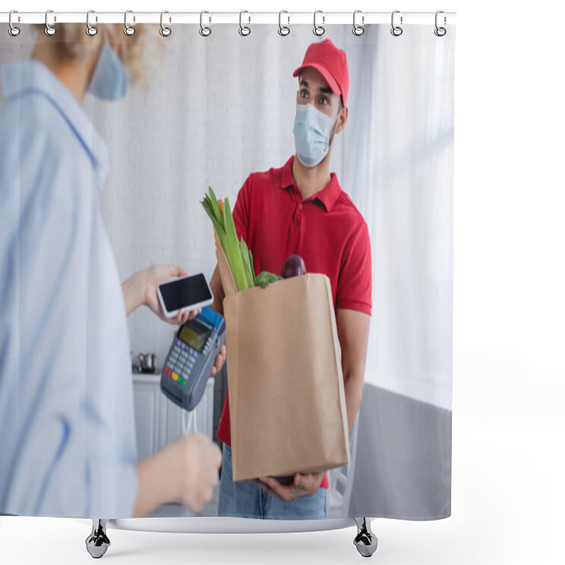 Personality  Arabian Man Holding Payment Terminal And Paper Bag With Food Near Woman With Smartphone On Blurred Foreground Shower Curtains