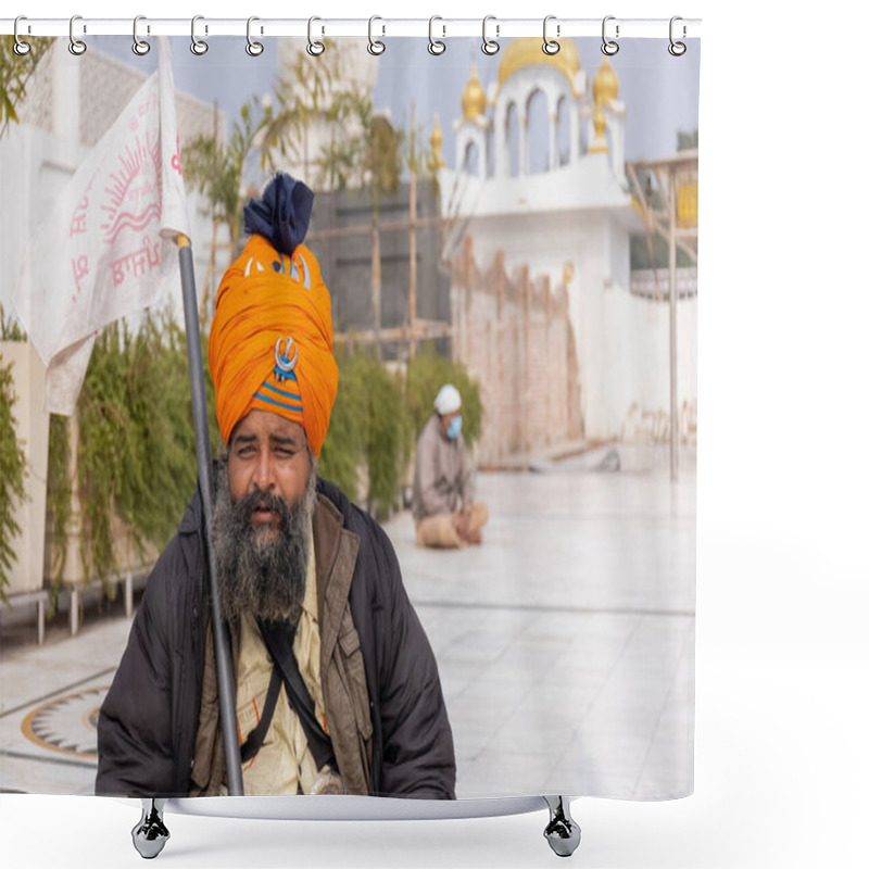 Personality  NEW DELHI, INDIA - JANUARY 2021 : Portrait Of Sikh Man Sitting Inside The Complex Of Gurdwara Bangla Sahib. Gurdwara Bangla Sahib Is Pilgrim For Sikh People. Shower Curtains