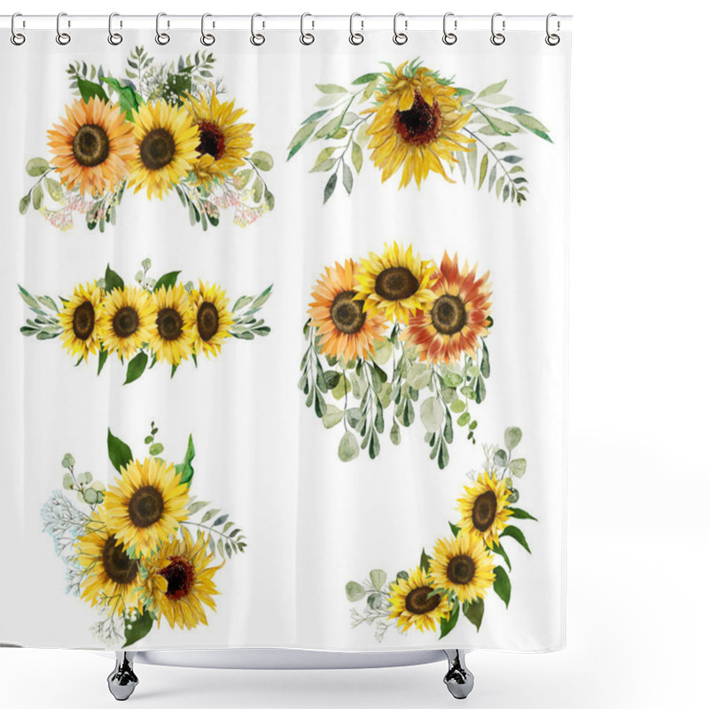 Personality  Autumn Floral Bouquets Of Sunflowers And Greenery Set, Isolated Flower Arrangements On White Background Shower Curtains