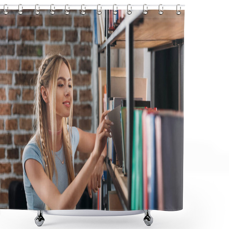 Personality  Smiling Young Woman Choosing Books On Bookshelves In Library  Shower Curtains